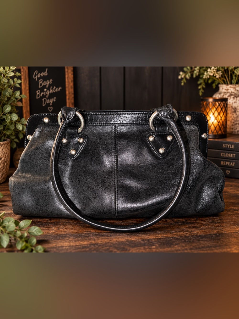HOBO International Black Leather Frame Satchel Vintage Floral Lining